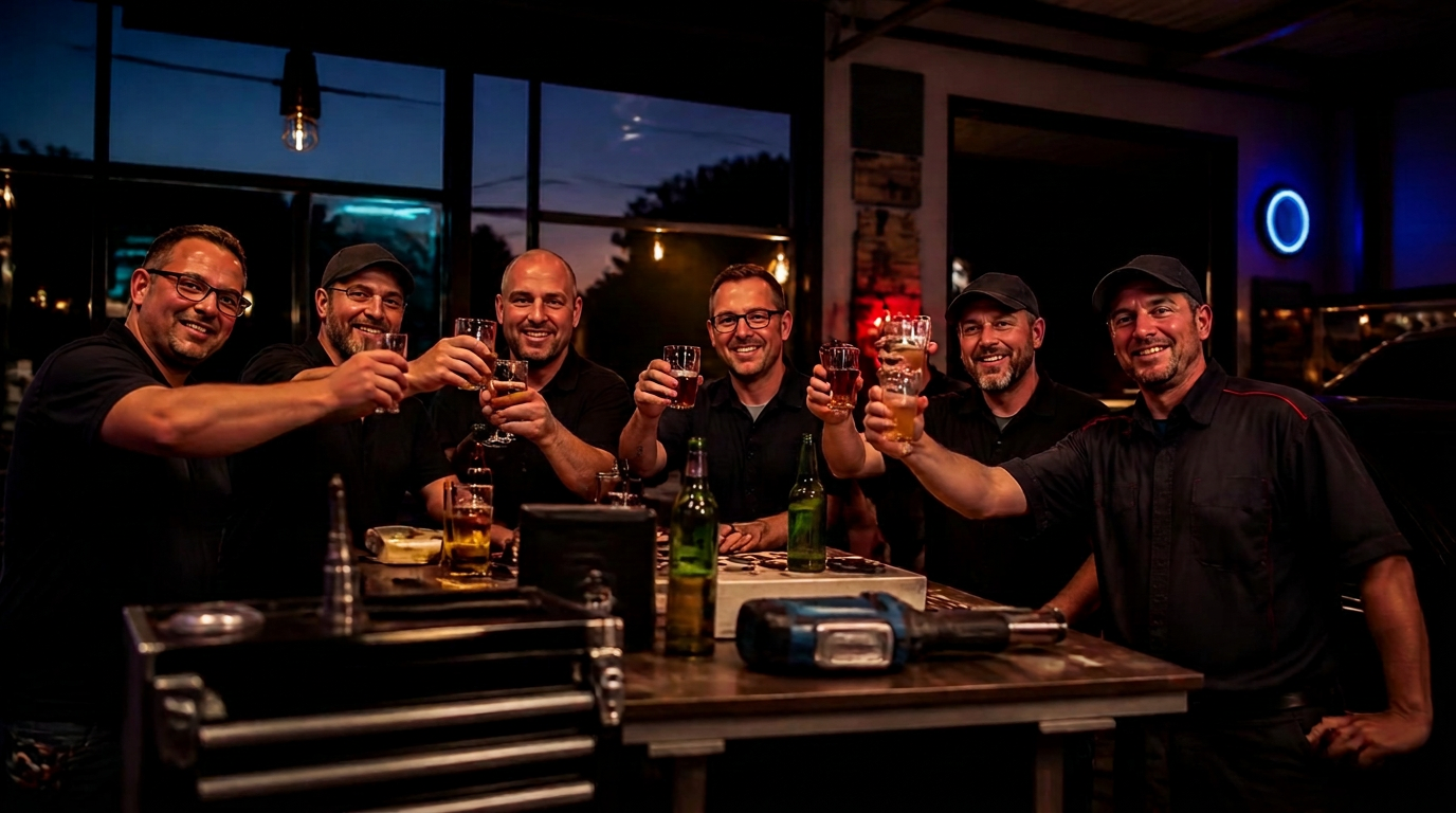 Monteurs en Daikin-specialisten samen aan een werkbank tijdens de Garage Night