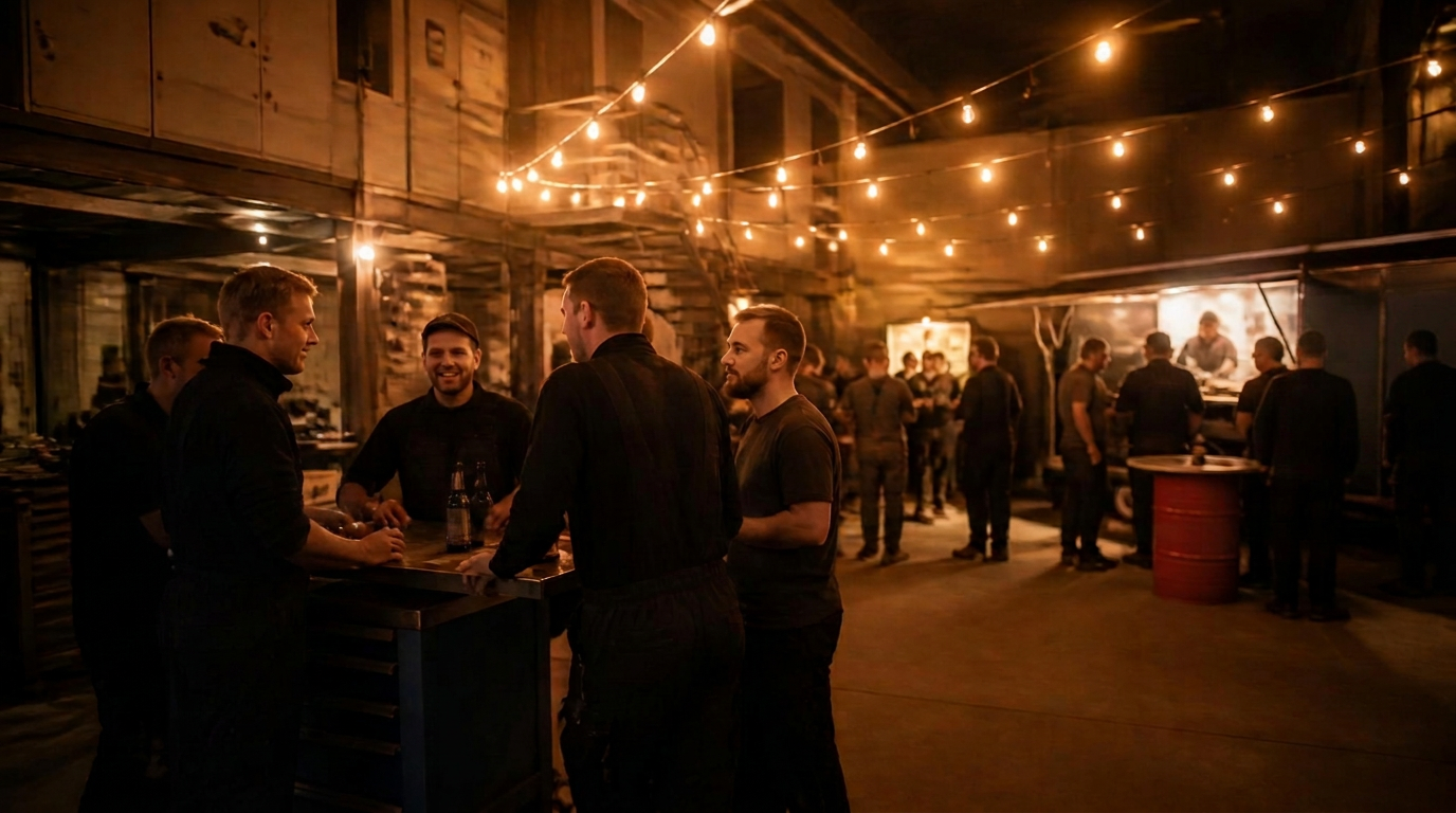 Garage Night: monteurs met een drankje rondom werkbanken onder warme verlichting