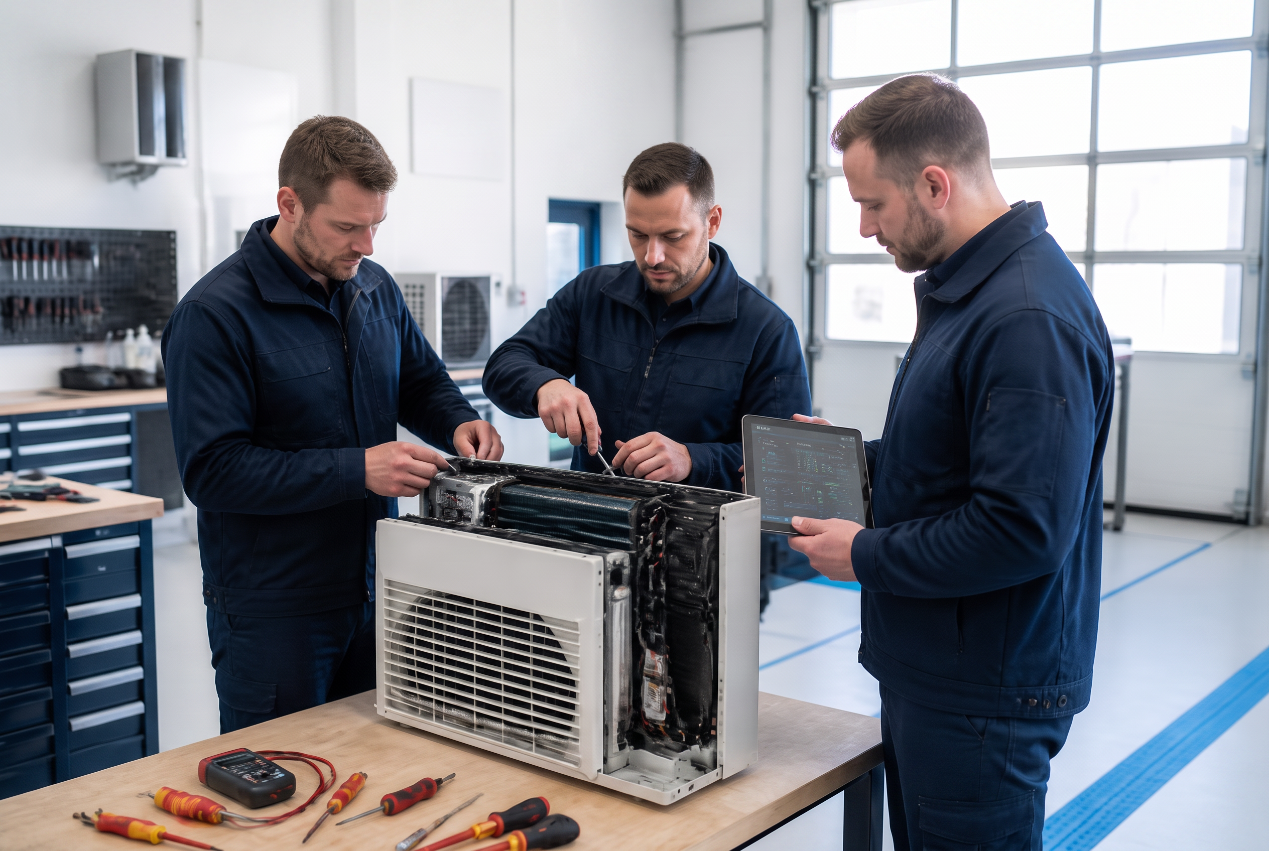 Servicemonteurs werken samen aan een Daikin-unit in een moderne werkplaats